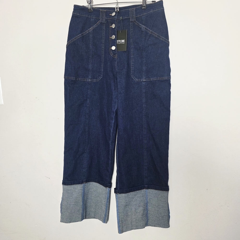 New Dark Blue Wide Leg Jeans With Large Cuff Hem L
